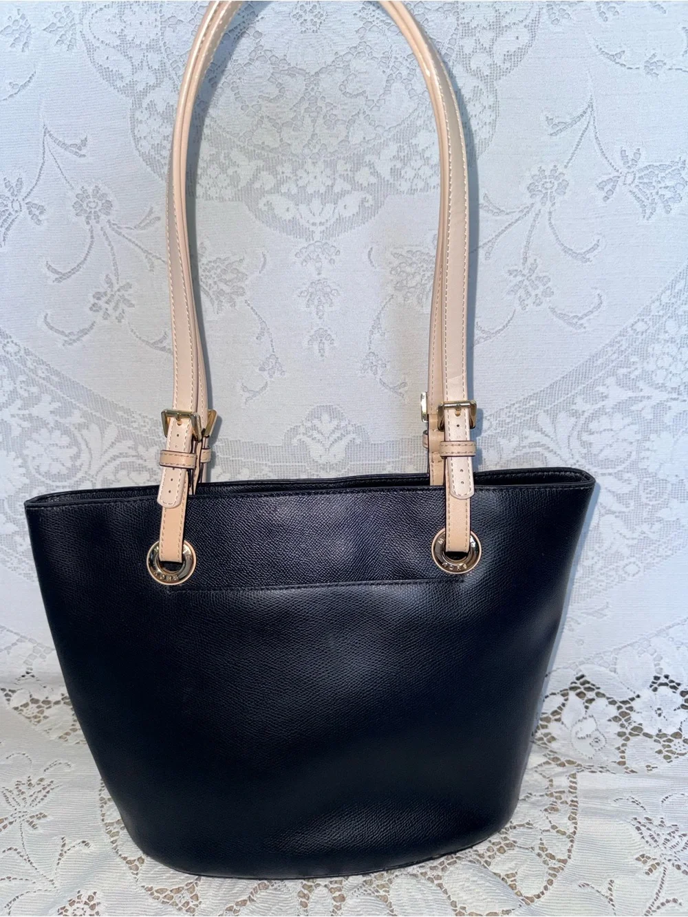 Michael Kors Bedford Medium Pocket Tote Black Saffiano Leather Tan Straps